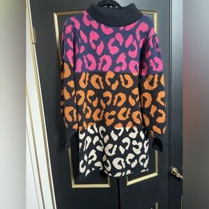 Anthropologie farm Rio  cheetah leopard sweater dress wool blend small pink blue